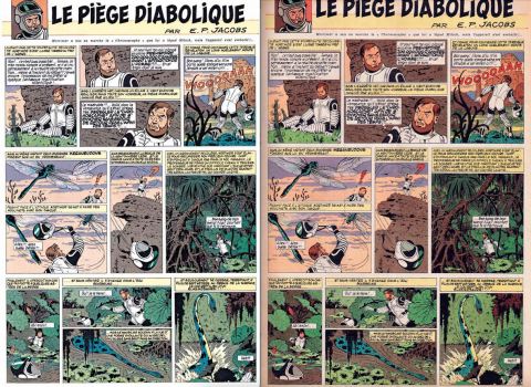 A gauche, la réédition &quot;Journal de Tintin&quot; de 2015, à droite, l'original scanné par Daniel Bellier.
